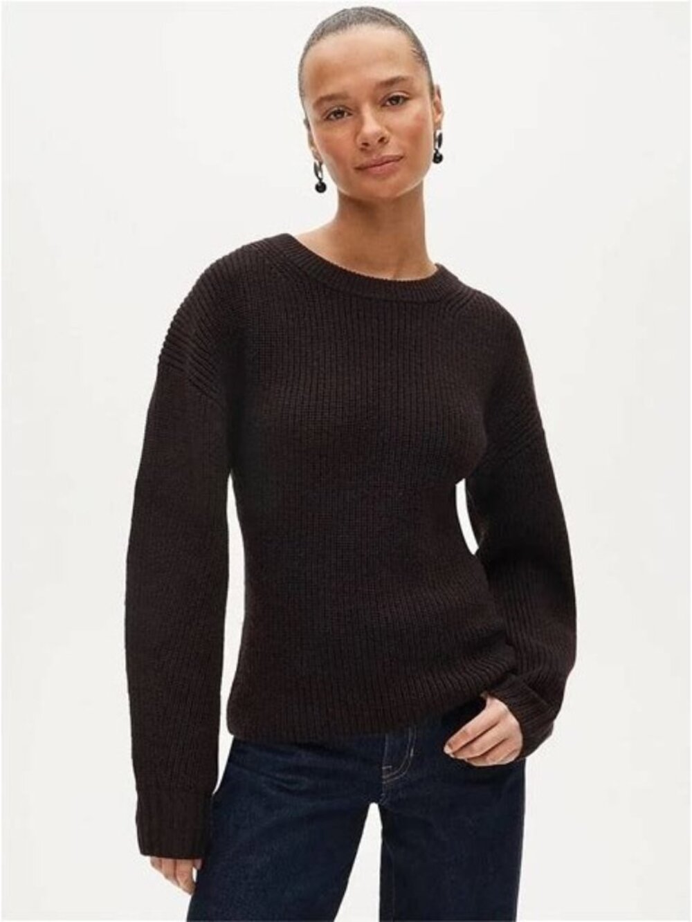 J. Crew Fitted-Waist Crewneck Sweater in Ribbed Merino Wool Brown